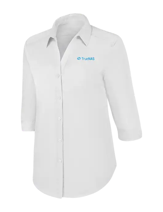 Womens White 3/4 Sleeve Carefree Poplin Shirt w/TrueNAS Logo