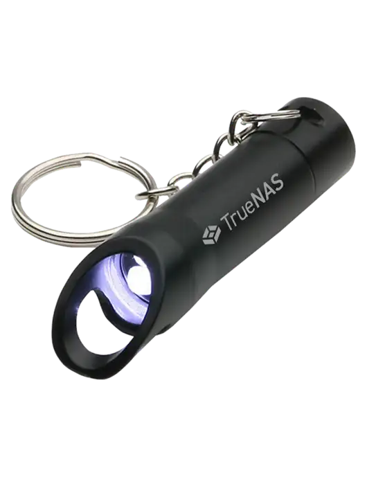 Black Pocket LED Flashlight with Bottle Opener & Keychain w/TrueNAS Logo