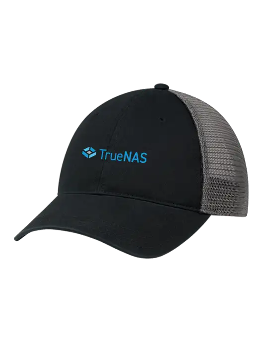 Richardson 111 Garment Washed Trucker Cap Black w/Charcoal Mesh w/TrueNAS Logo