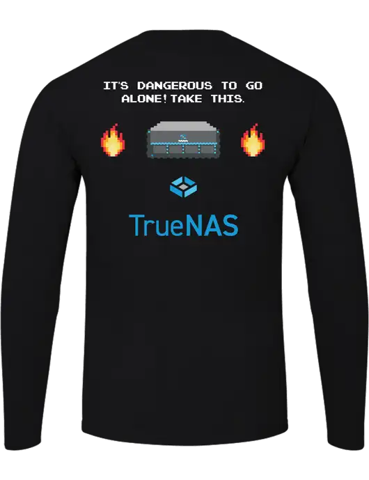 Ring Spun Jet Black 4.5 oz Long Sleeve T-Shirt w/Zelda Inspired Logo, TrueNAS Logo