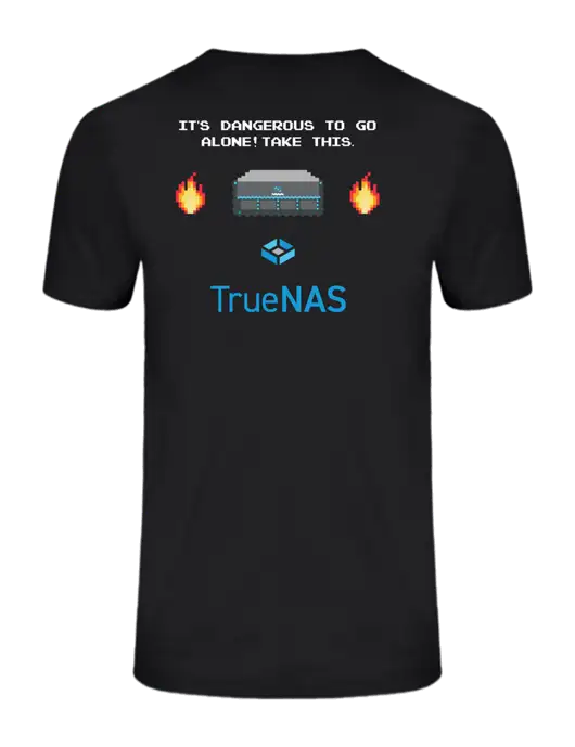 Ring Spun Jet Black 4.5 oz T-Shirt w/Zelda Inspired Logo, TrueNAS Logo