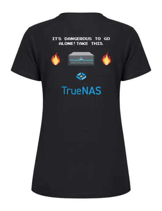 Womens Ring Spun Jet Black 4.5 oz T-Shirt w/Zelda Inspired Logo, TrueNAS Logo