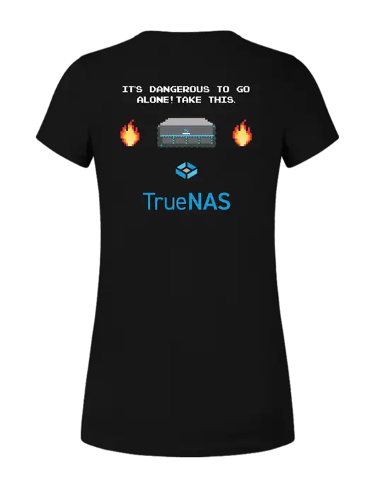 Womens Ring Spun Jet Black 4.5 oz T-Shirt w/Zelda Inspired Logo, TrueNAS Logo